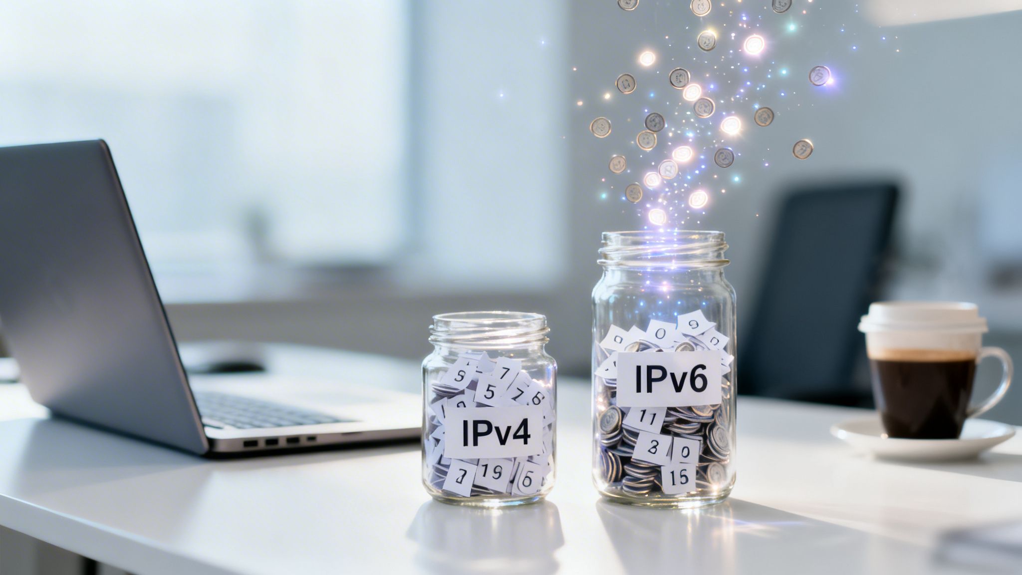 Two glass jars, IPv4 and IPv6, on a white desk. IPv6 jar emits glowing coins, signifying growth.
