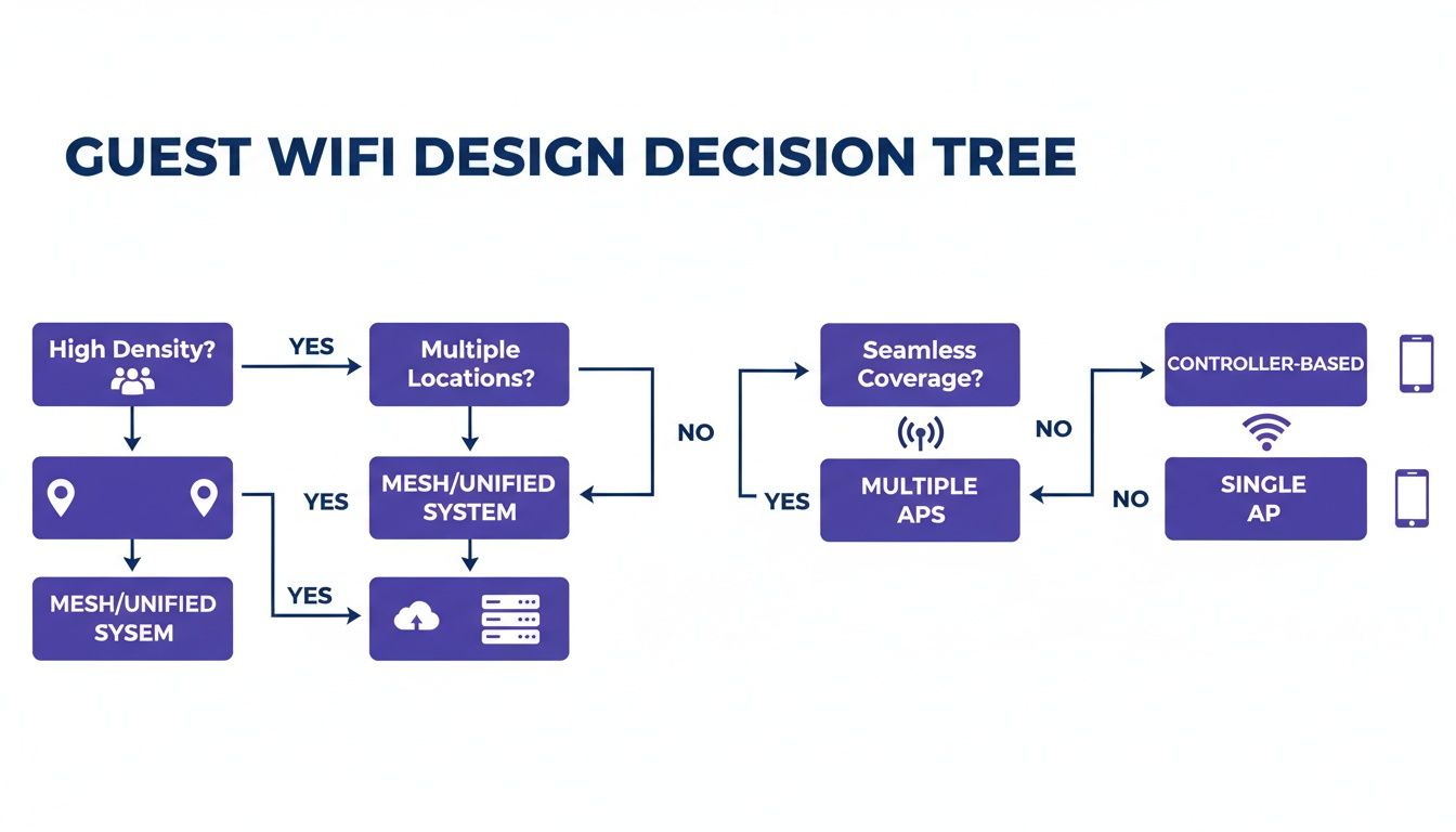 Flowchart outlining a guest WiFi design decision tree based on density, locations, and coverage needs.