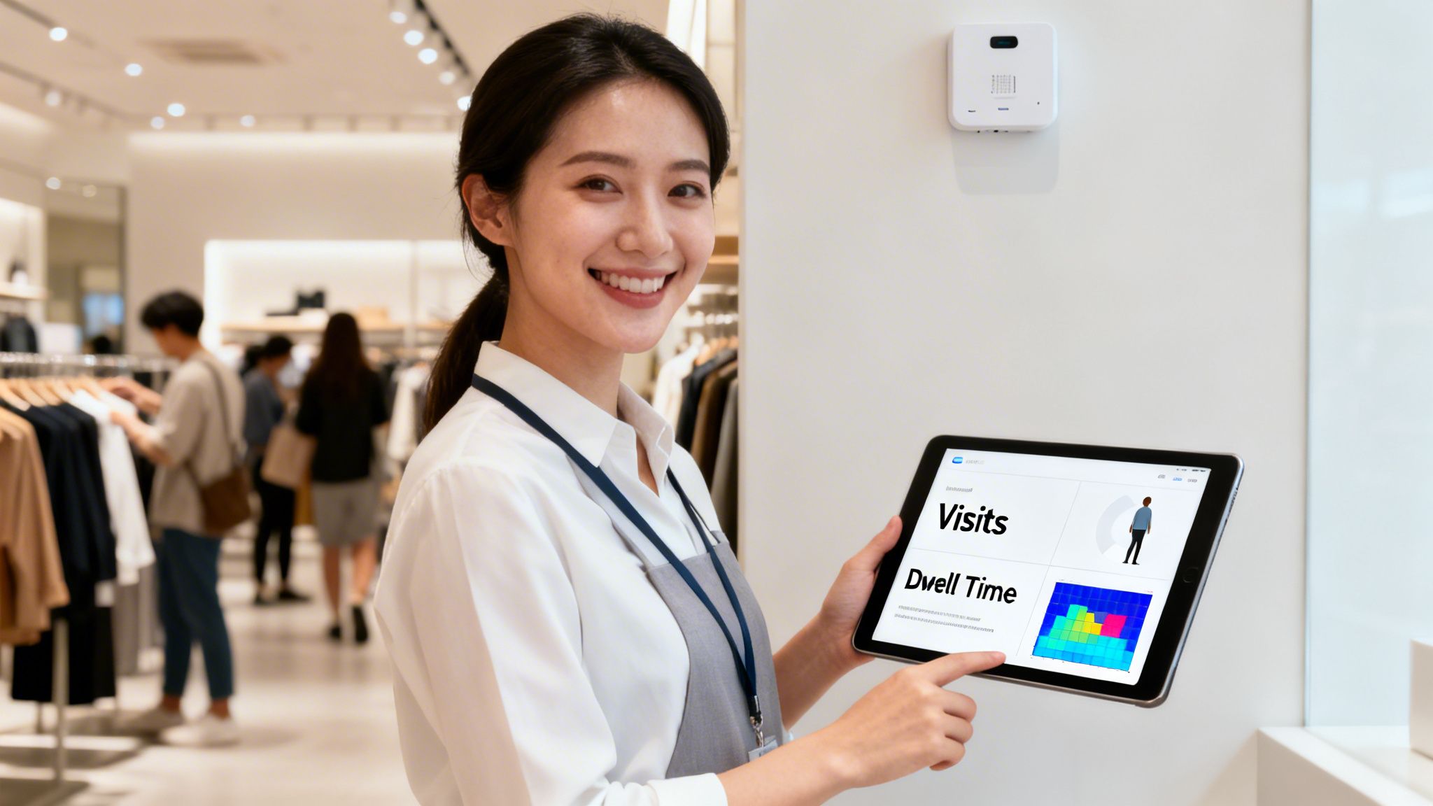A smiling retail worker uses a tablet displaying customer analytics in a store.