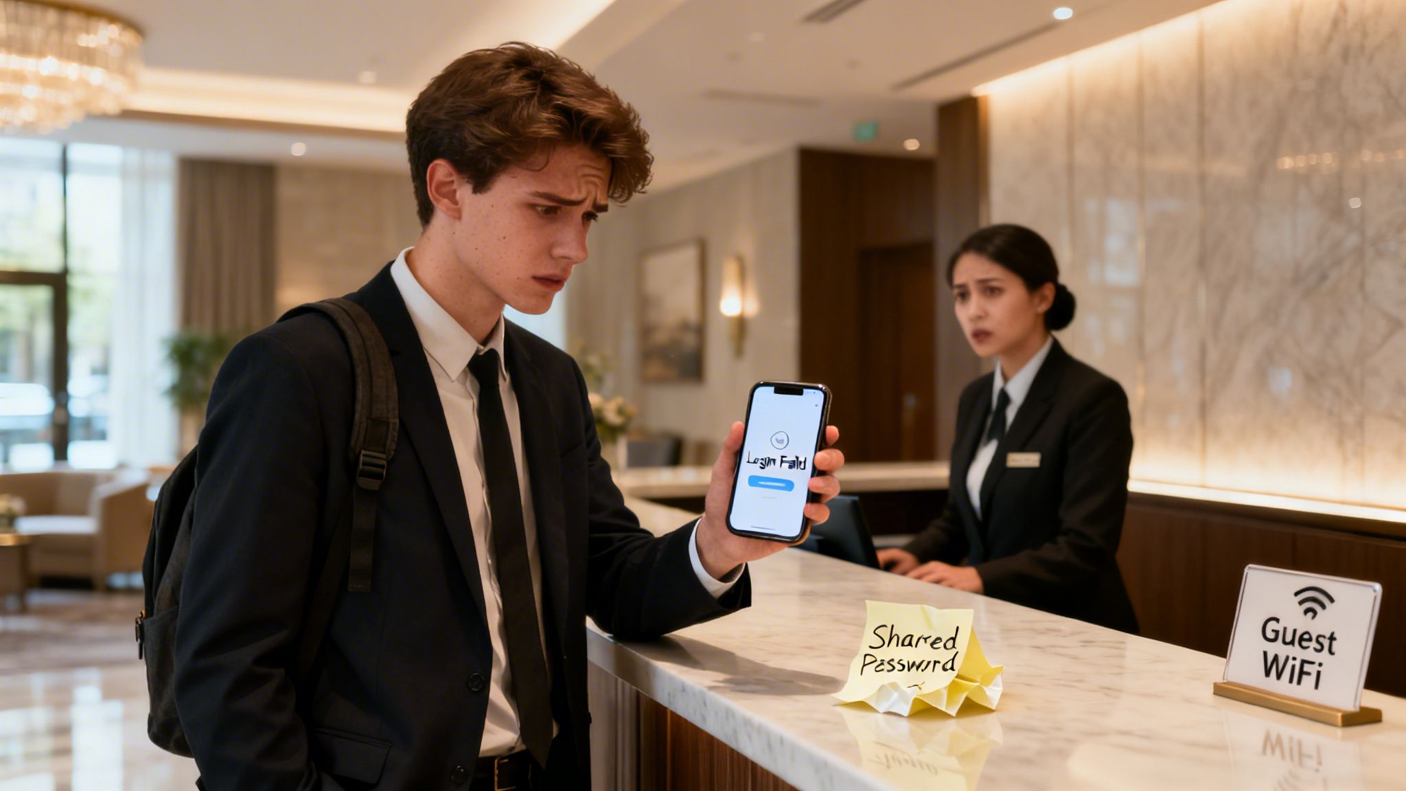 A man struggling to connect to hotel WiFi, showing a 'Login Failed' screen to a receptionist.