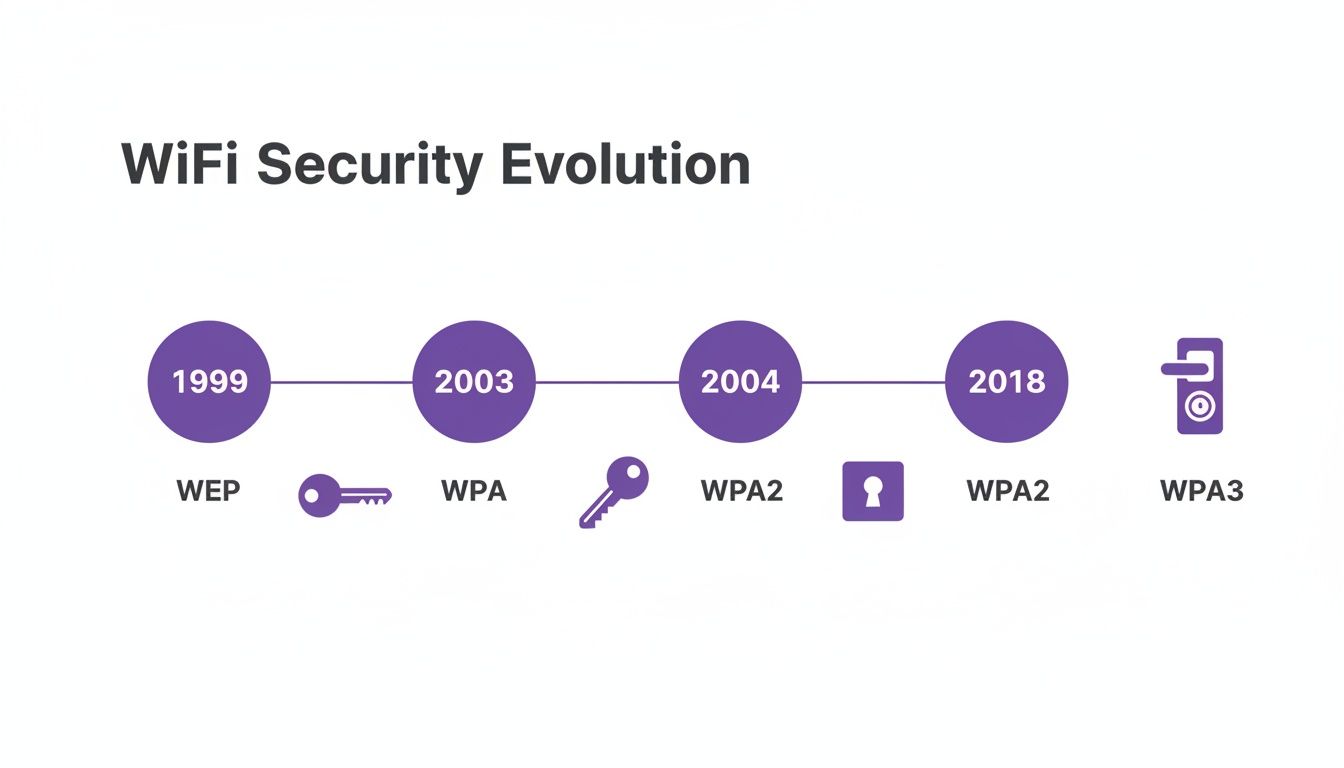 Timeline illustrating the evolution of WiFi security protocols from 1999 (WEP) to 2018 (WPA3).
