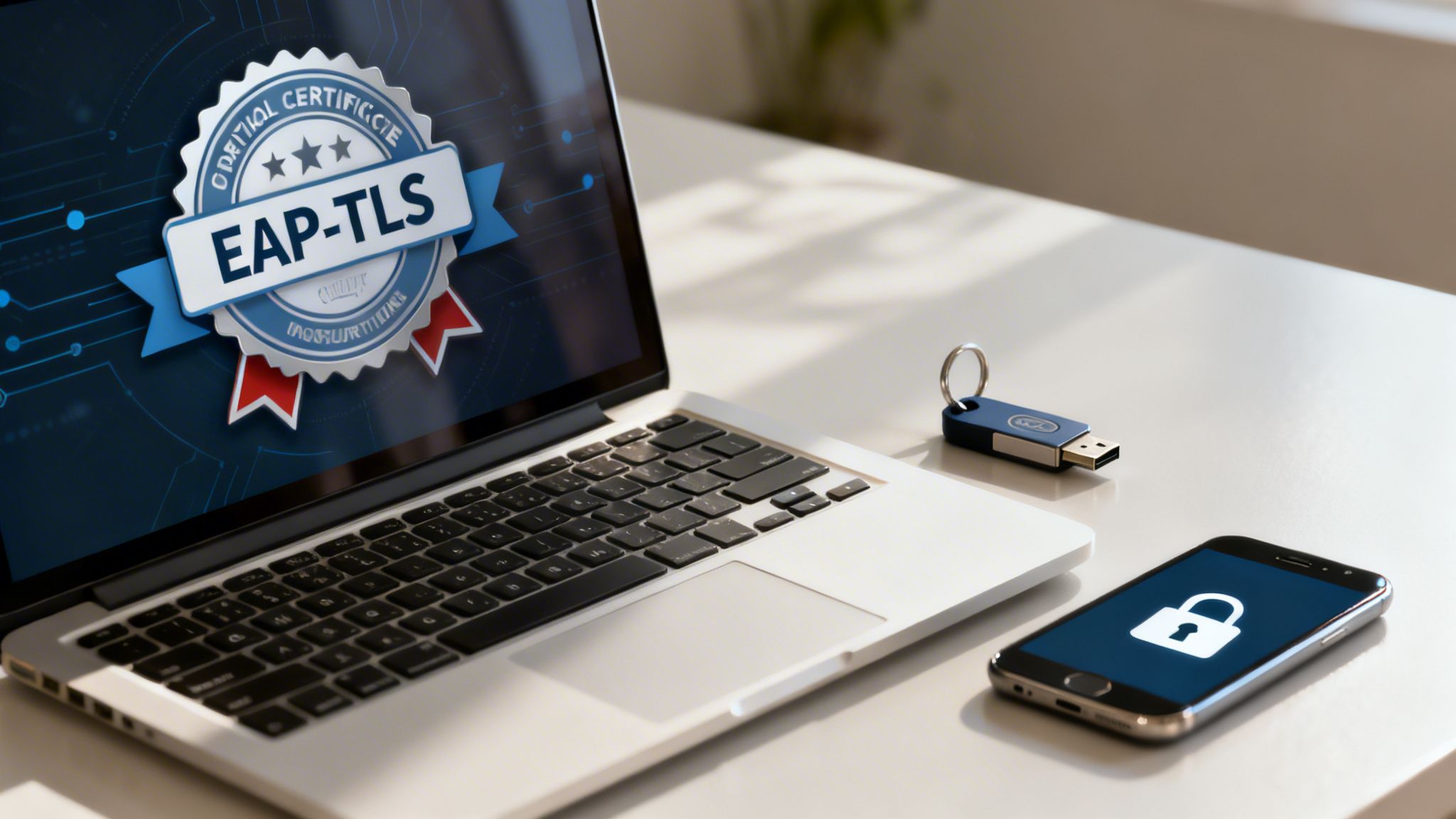 Laptop screen displaying EAP-TLS digital certificate badge, alongside a USB security key and locked smartphone.