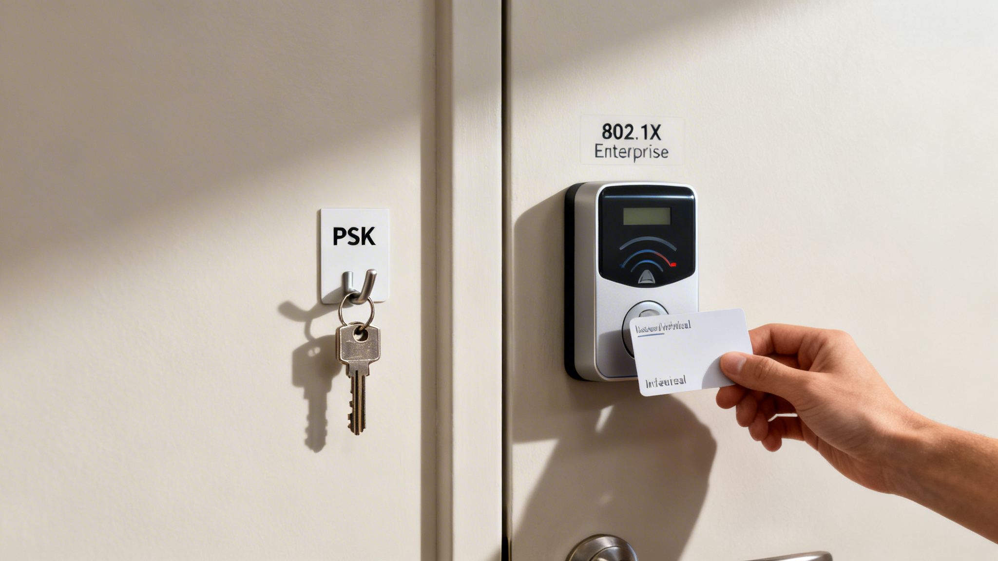 A key labeled 'PSK' on a hook next to a card reader labeled '802.1X Enterprise' with a hand holding a card.