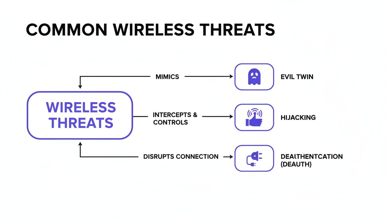 Diagram illustrating common wireless network threats, including Evil Twin, Hijacking, and Deauthentication attacks.