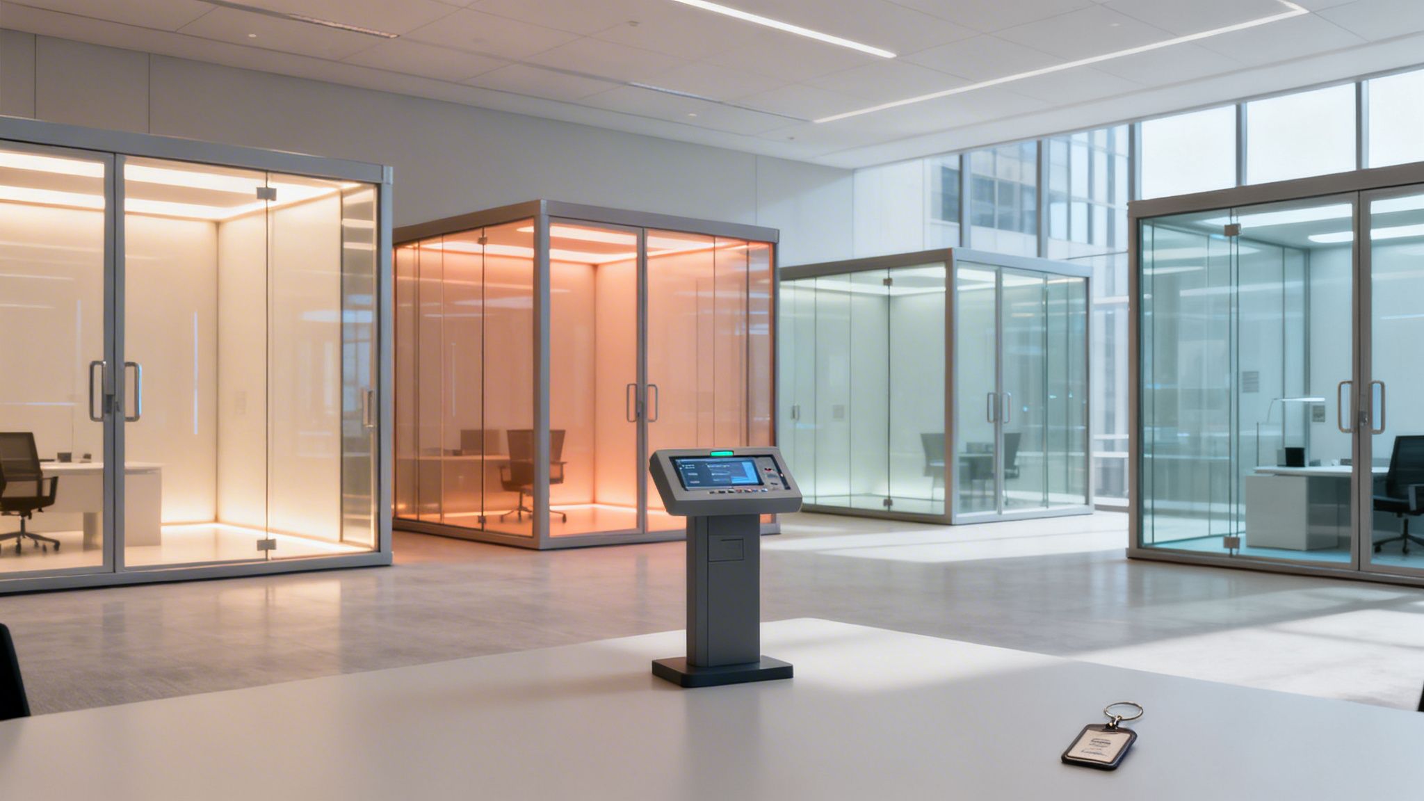 A modern office space featuring several glass meeting pods with different colored internal lighting.