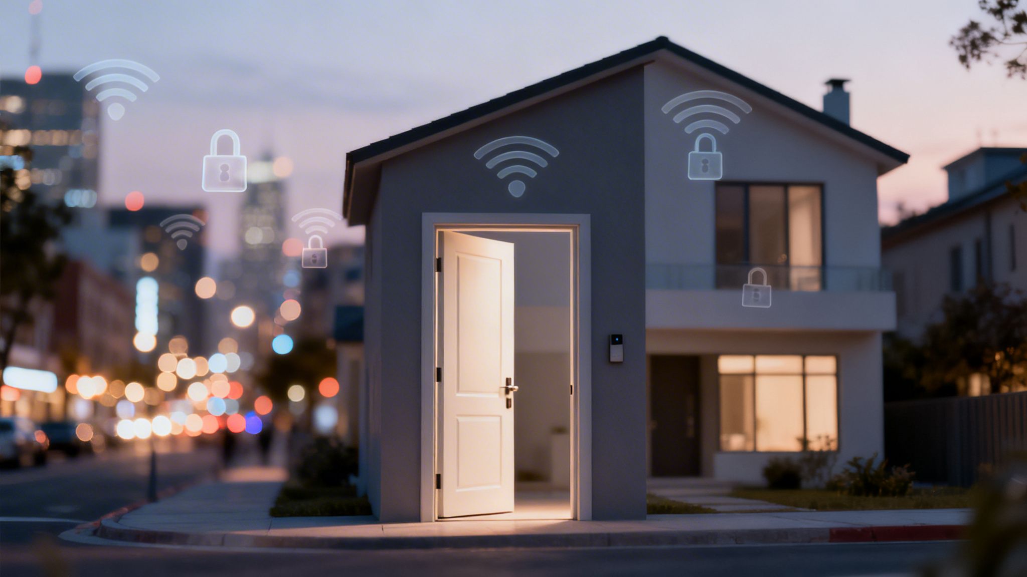 Modern smart home with open door, glowing, featuring Wi-Fi and security lock icons.