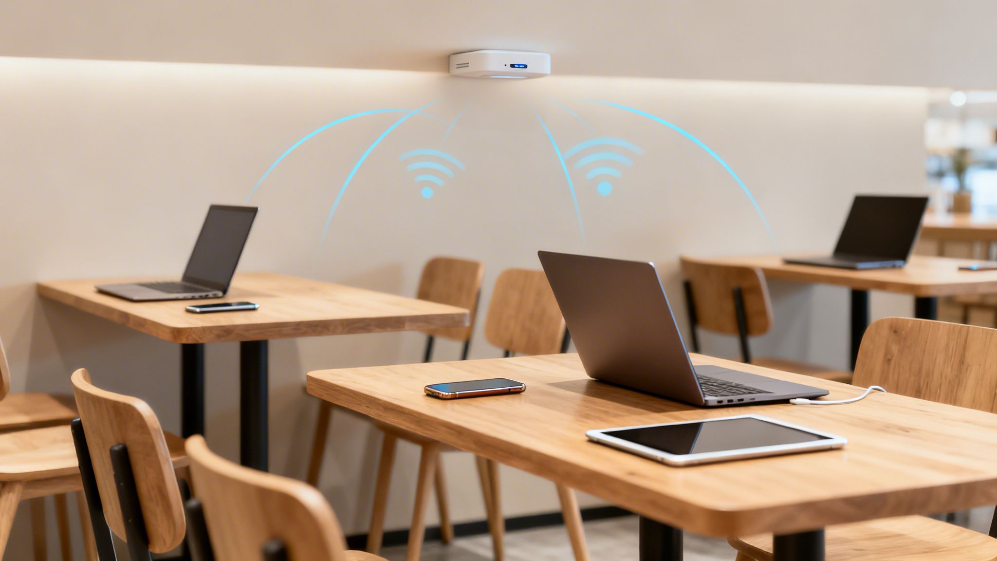 A white Wi-Fi router on the wall providing wireless internet to laptops and devices in a modern cafe.