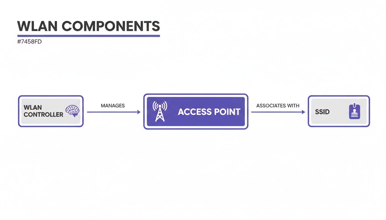 Diagram showing WLAN components: WLAN Controller manages an Access Point, which associates with an SSID.