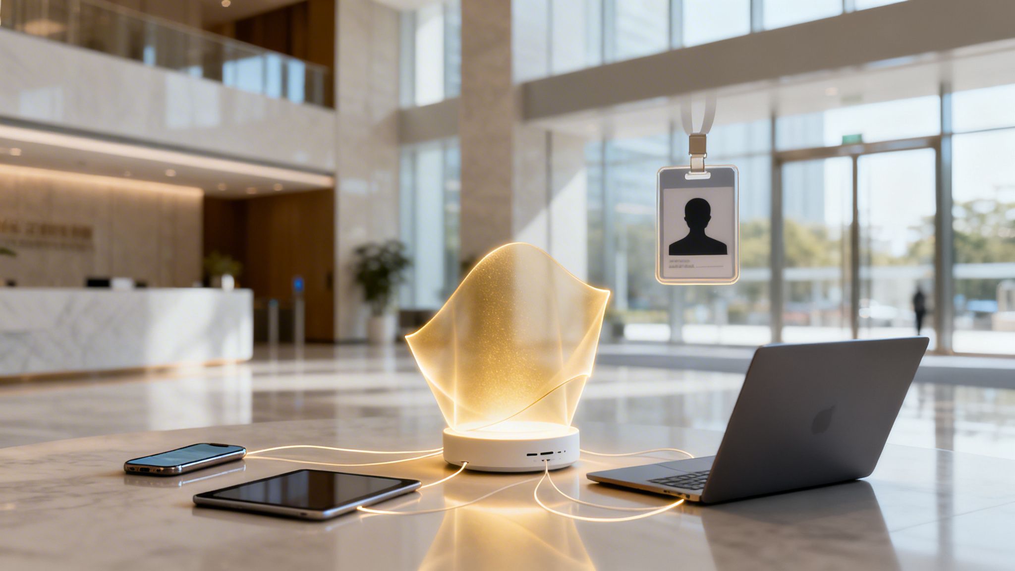 A futuristic glowing hub connects multiple devices on a marble table in a modern office lobby.