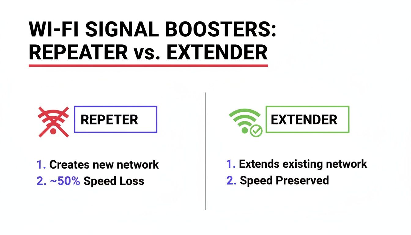 A comparison chart explaining Wi-Fi signal boosters: Repeater vs. Extender, detailing network and speed differences.