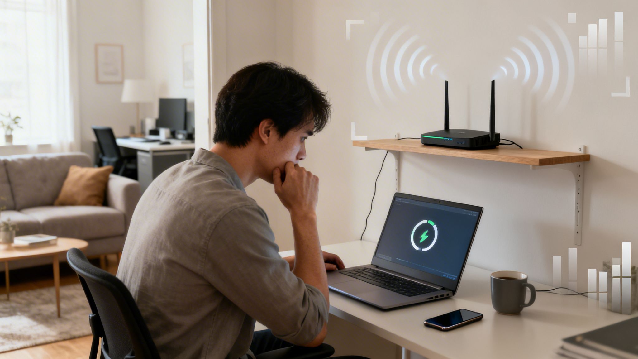 Man at desk with laptop wirelessly charging from a router, showing modern wireless power technology.
