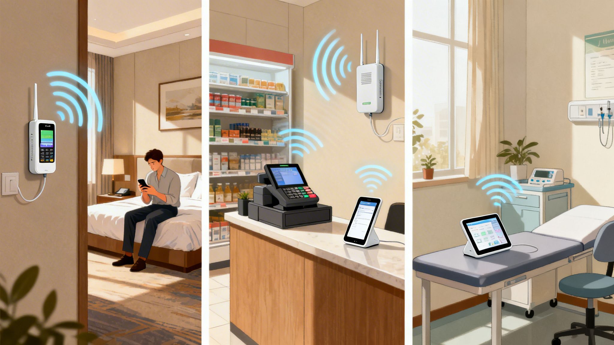 Wifi extenders provide strong wireless signals in a hotel room, retail store, and medical clinic.