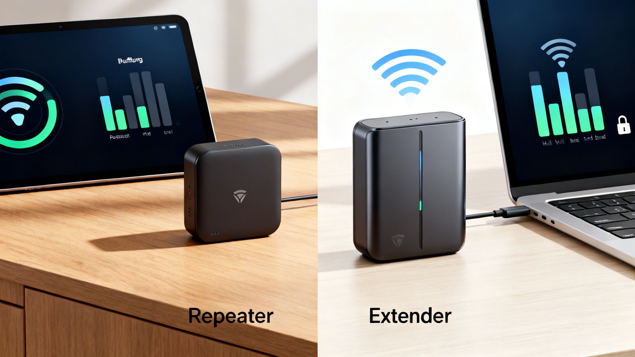 Two black network devices, one a Wi-Fi repeater with a tablet, the other an extender with a laptop, displaying signal strength.