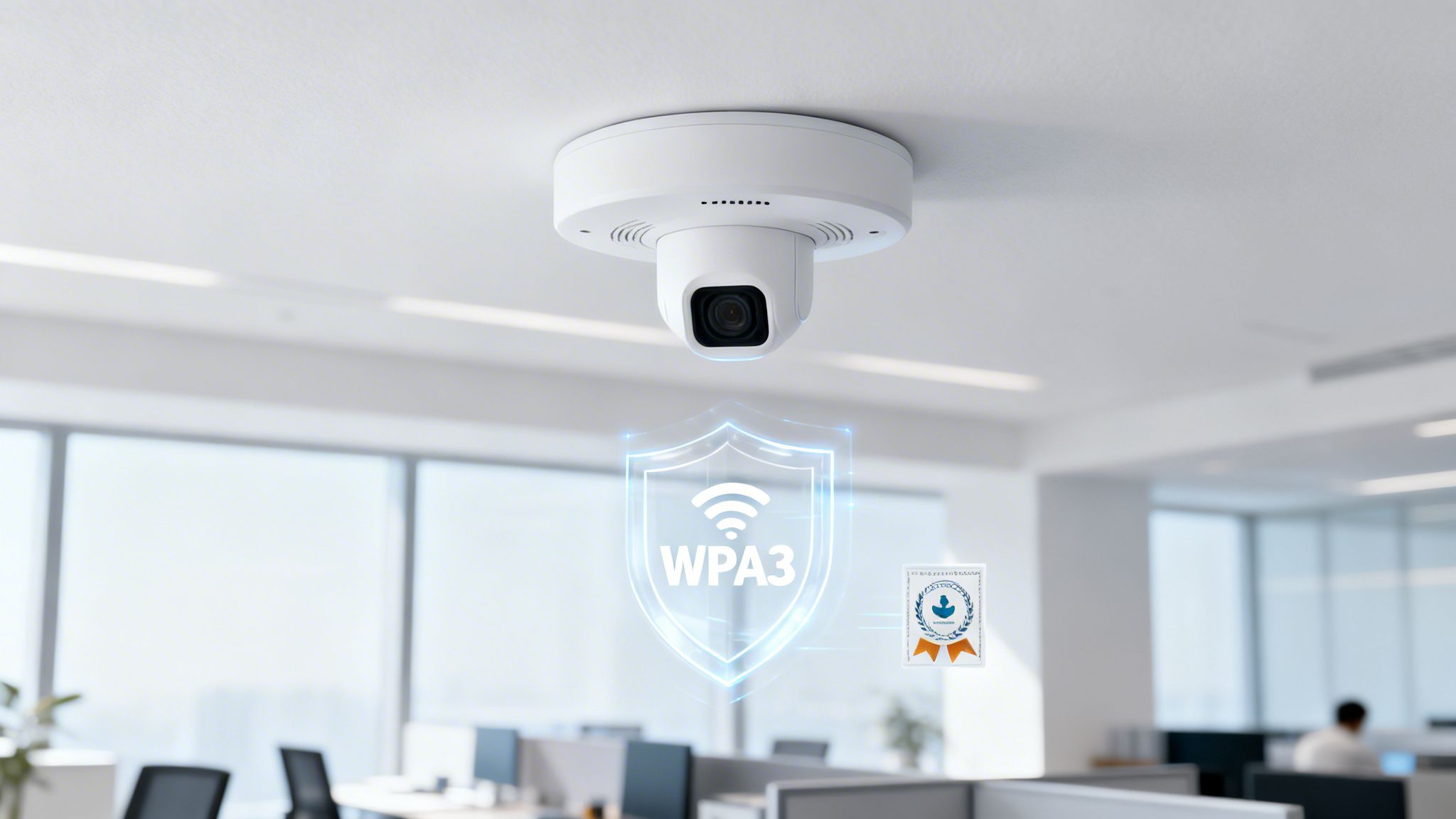 A white ceiling-mounted security camera in a modern office with a WPA3 Wi-Fi security shield.