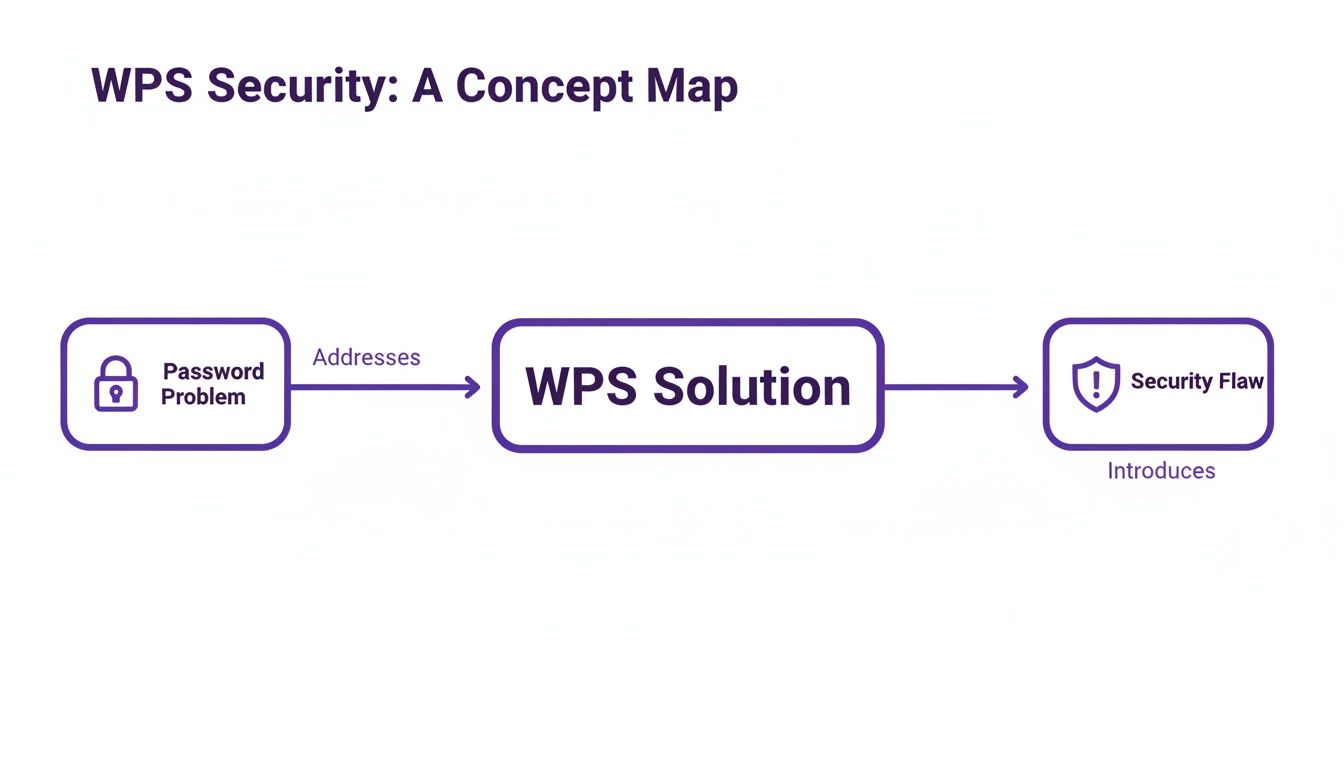 A concept map titled 'WPS Security' illustrates how a WPS solution addresses password problems but introduces a security flaw.