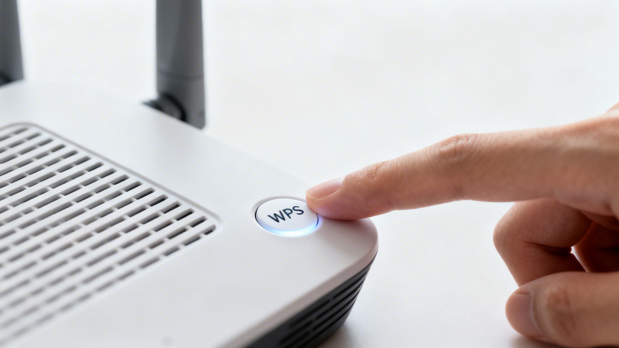 A finger presses the illuminated WPS button on a white wireless router, setting up a secure connection.