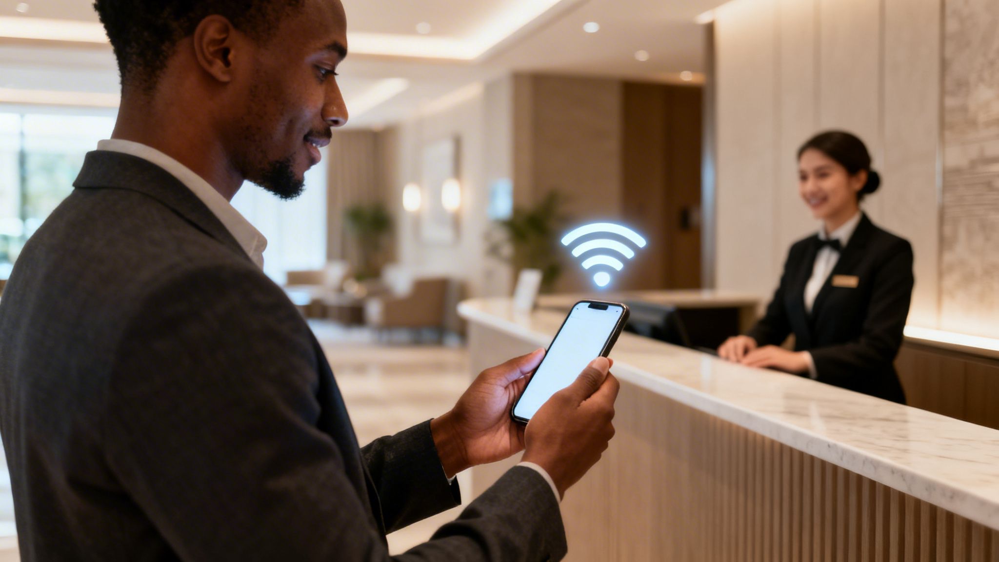 A man connects his smartphone to Wi-Fi in a modern hotel lobby with a receptionist.