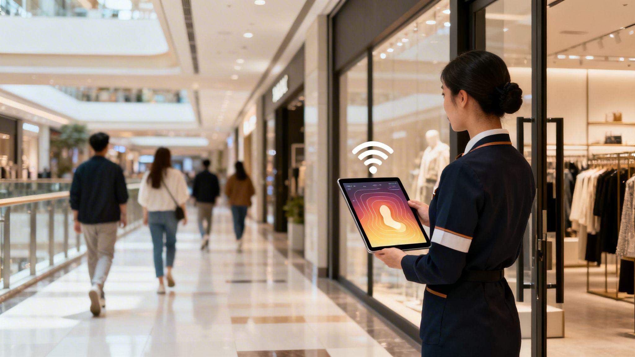 A uniformed person in a mall uses a tablet displaying a heatmap and Wi-Fi signal.