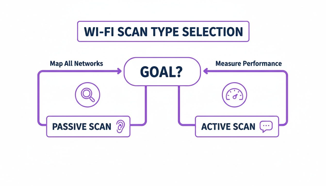 Flowchart detailing Wi-Fi scan type selection: Passive scan to map networks, Active scan to measure performance.