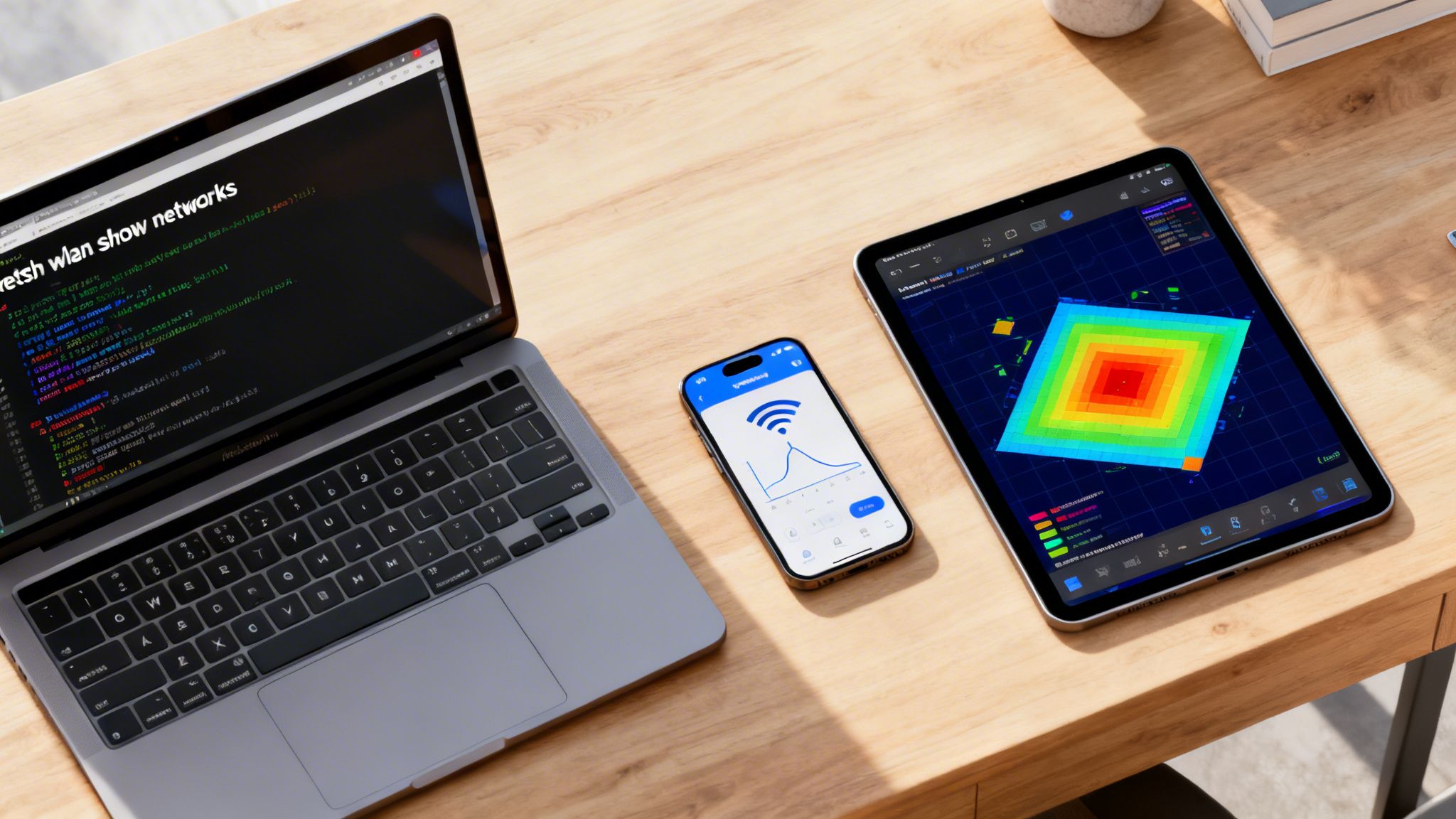 Three devices on a wooden desk displaying Wi-Fi network scanning and analysis software.