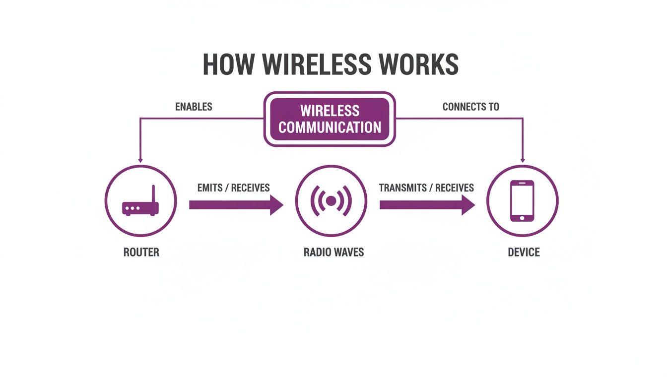 A diagram illustrating how wireless communication works between a router, radio waves, and a device.