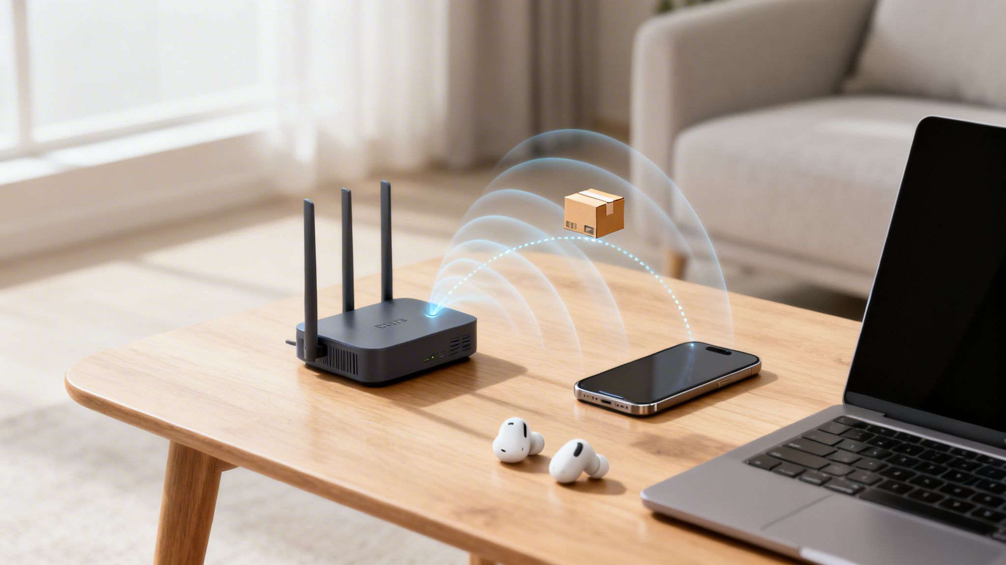 A wireless router on a wooden table sending signals to a smartphone, laptop, and earbuds.