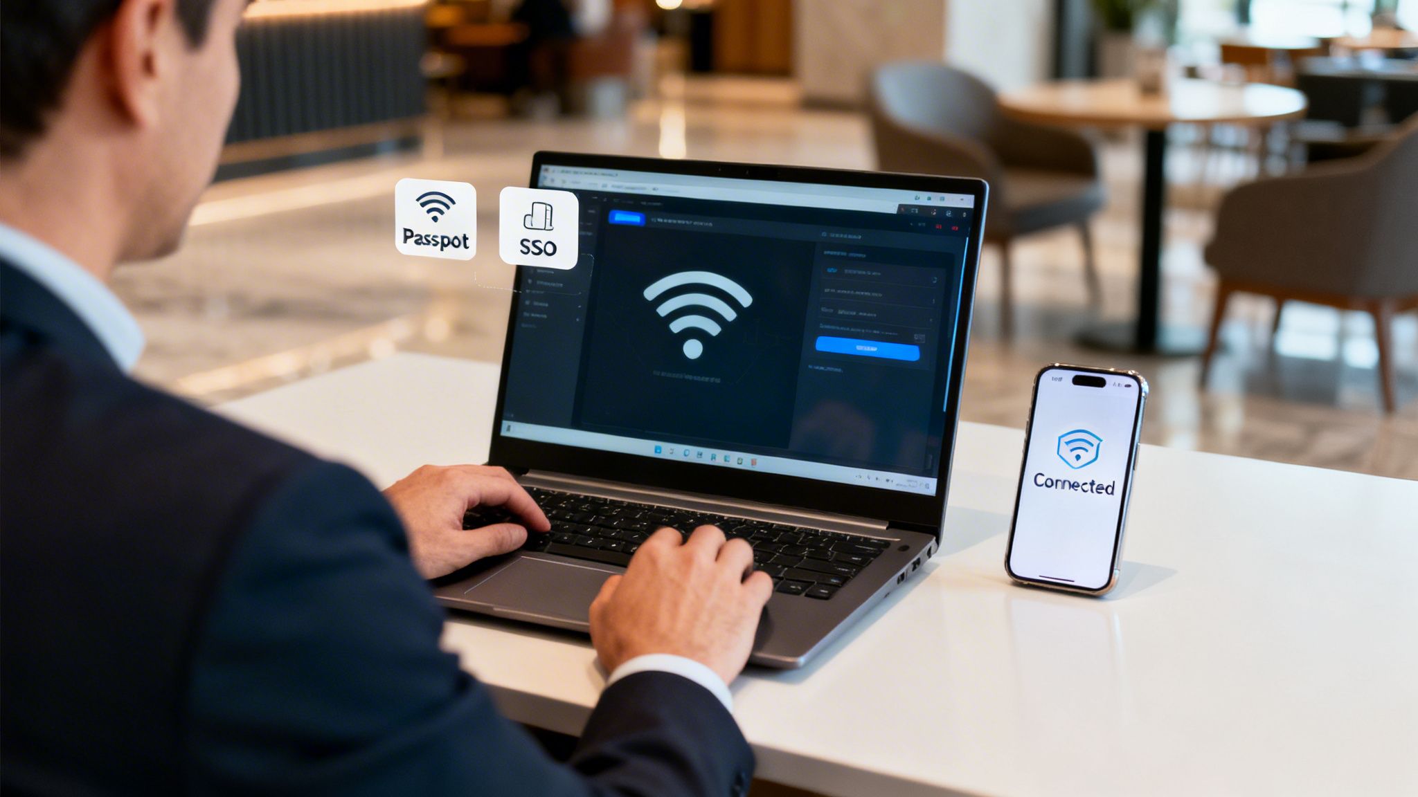 Man in a suit using a laptop and smartphone to securely connect to Wi-Fi, showing Passpot and SSO icons.