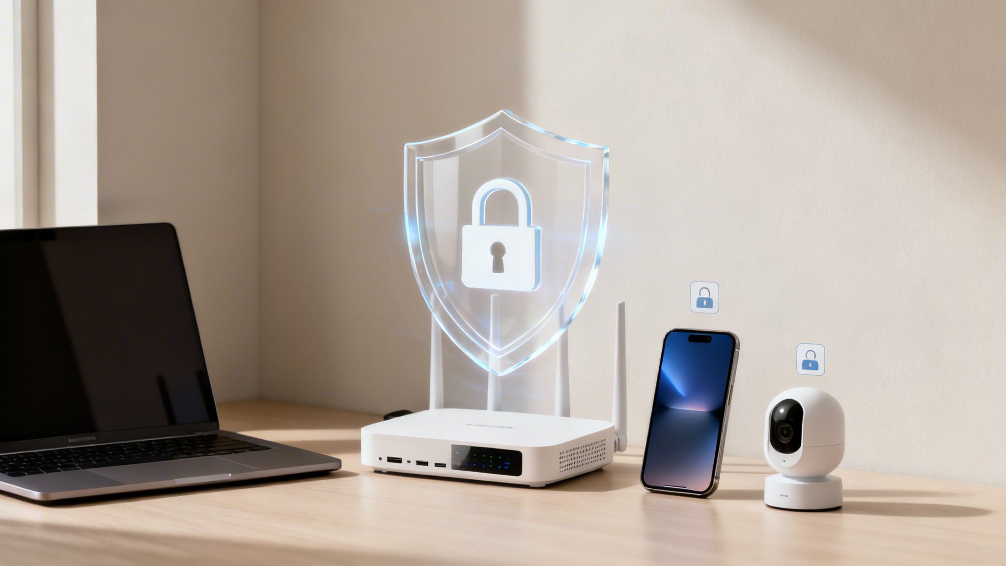 Home network security with a white router, laptop, smartphone, and camera, all protected by a digital shield.