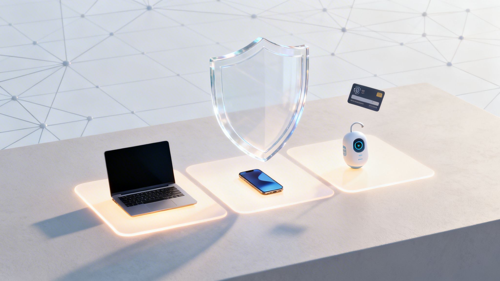 A transparent shield protecting a laptop, smartphone, smart padlock, and credit card, symbolizing digital security.