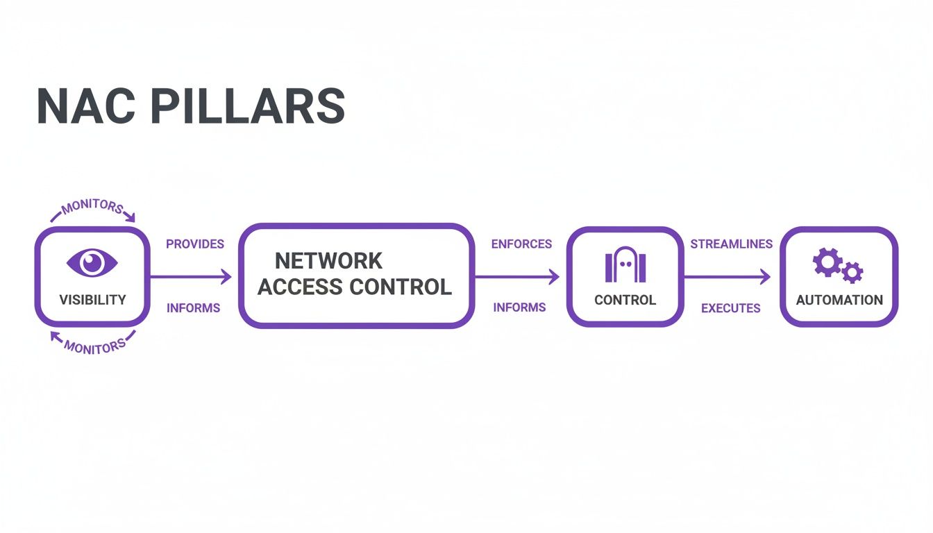Flowchart illustrating the four pillars of Network Access Control (NAC): Visibility, NAC, Control, and Automation.