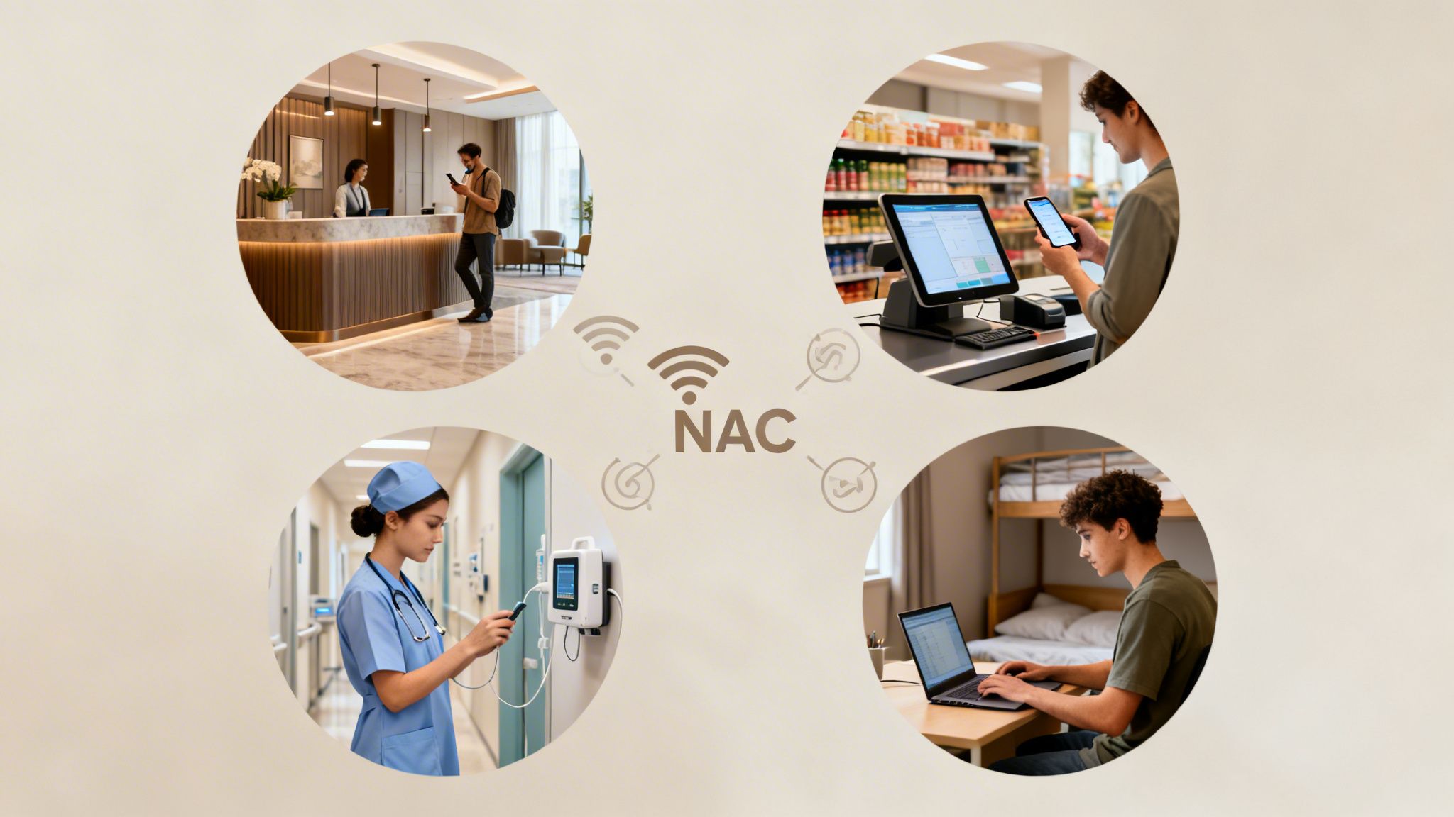 Network Access Control (NAC) shown in diverse environments: hotel, retail, hospital, and student dorm.