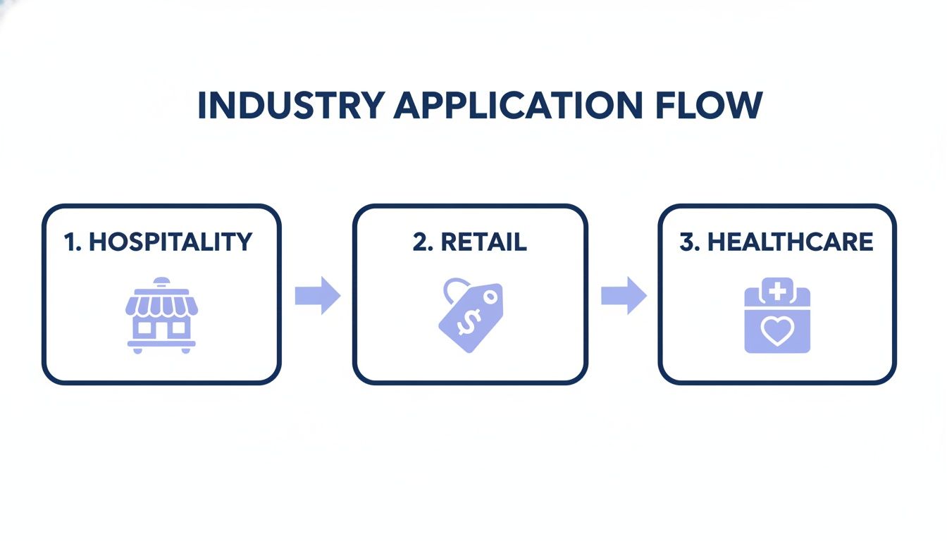 Flow diagram illustrating the industry application across hospitality, retail, and healthcare sectors with respective icons.