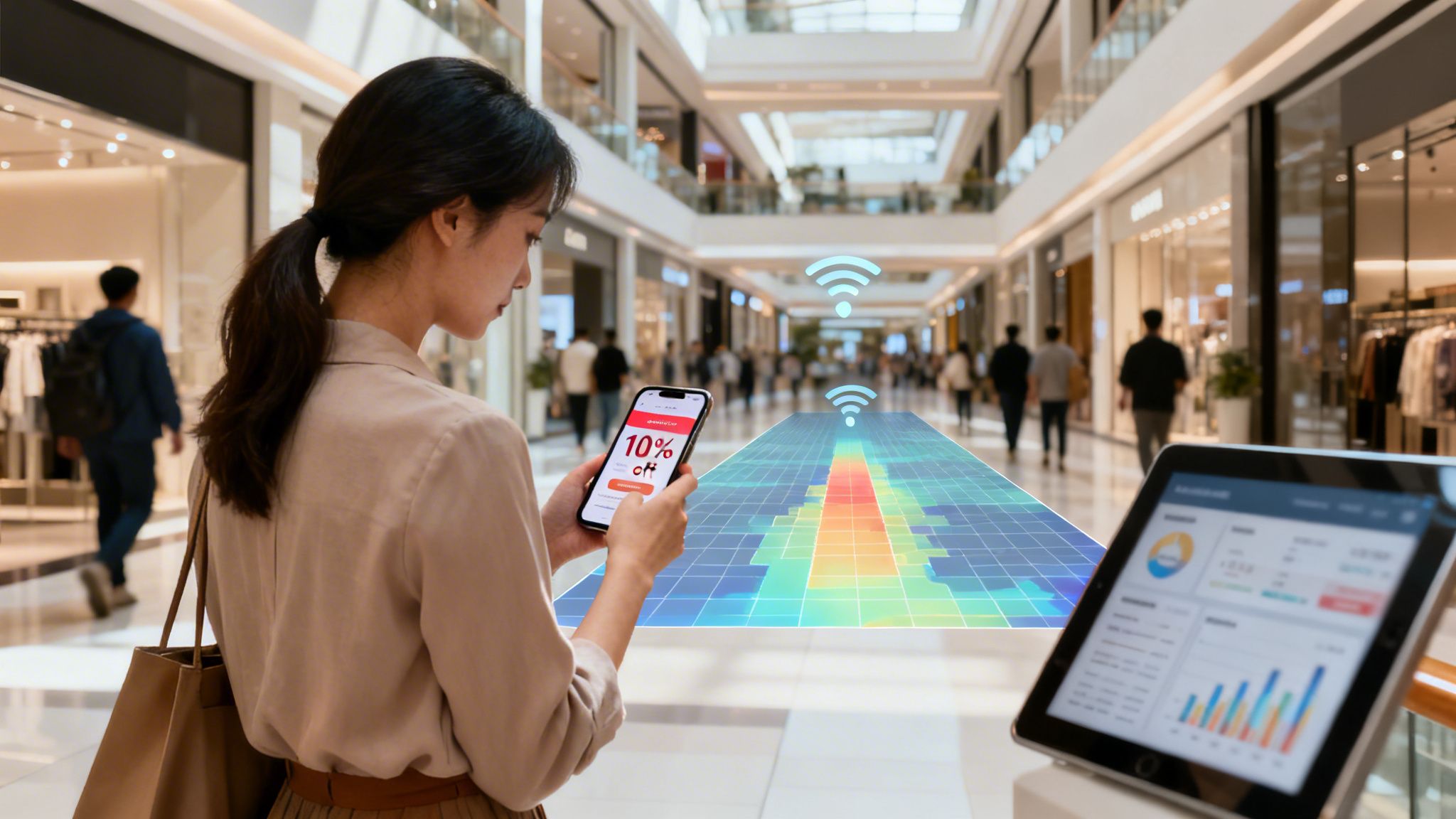 A woman in a shopping mall using her phone, showing location-based marketing with a heat map and analytics.