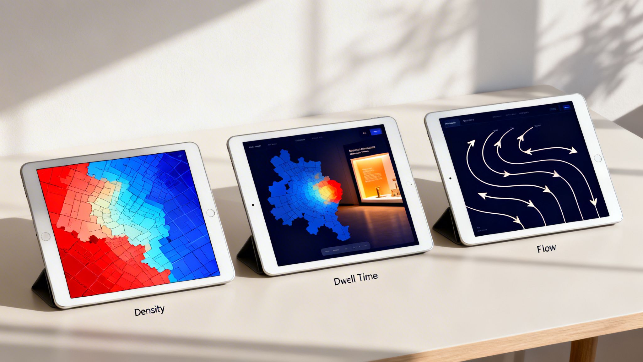 Three tablets display different data visualizations for density, dwell time, and flow analytics.