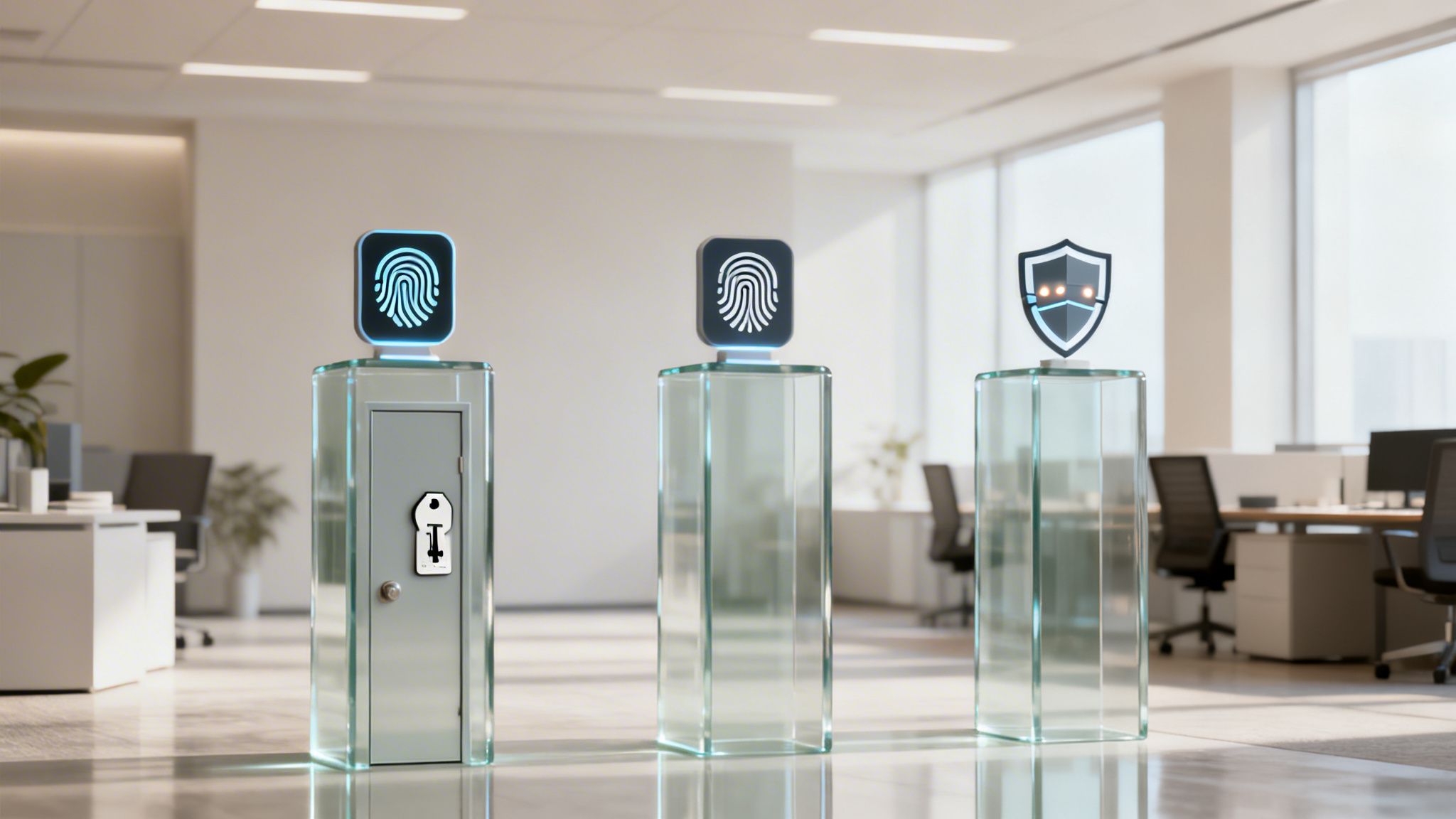 Three transparent pedestals showcasing security icons: two fingerprint scanners and a shield in a modern office.