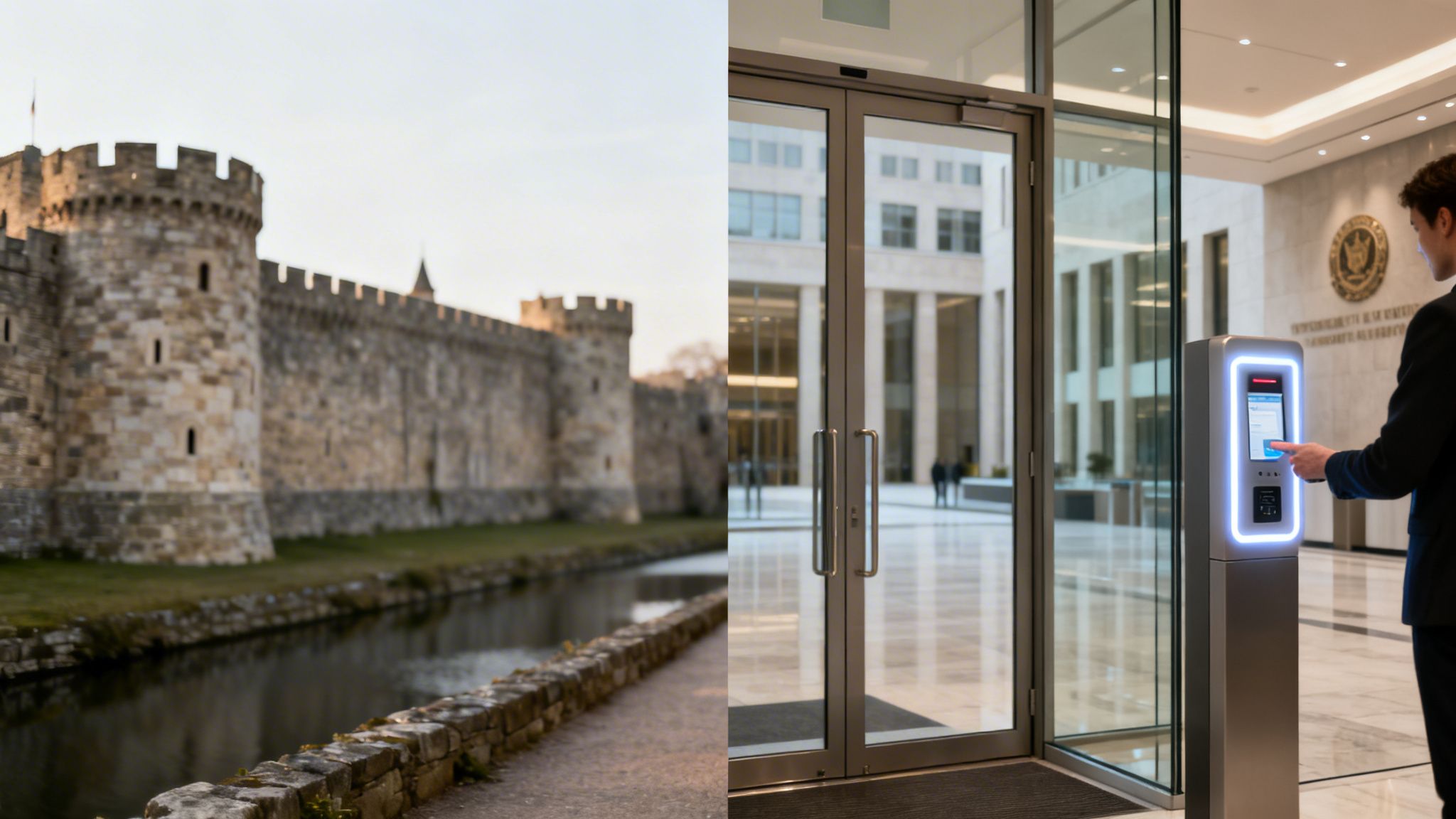 Split image: a historic castle with a moat and a man using a modern access control system.