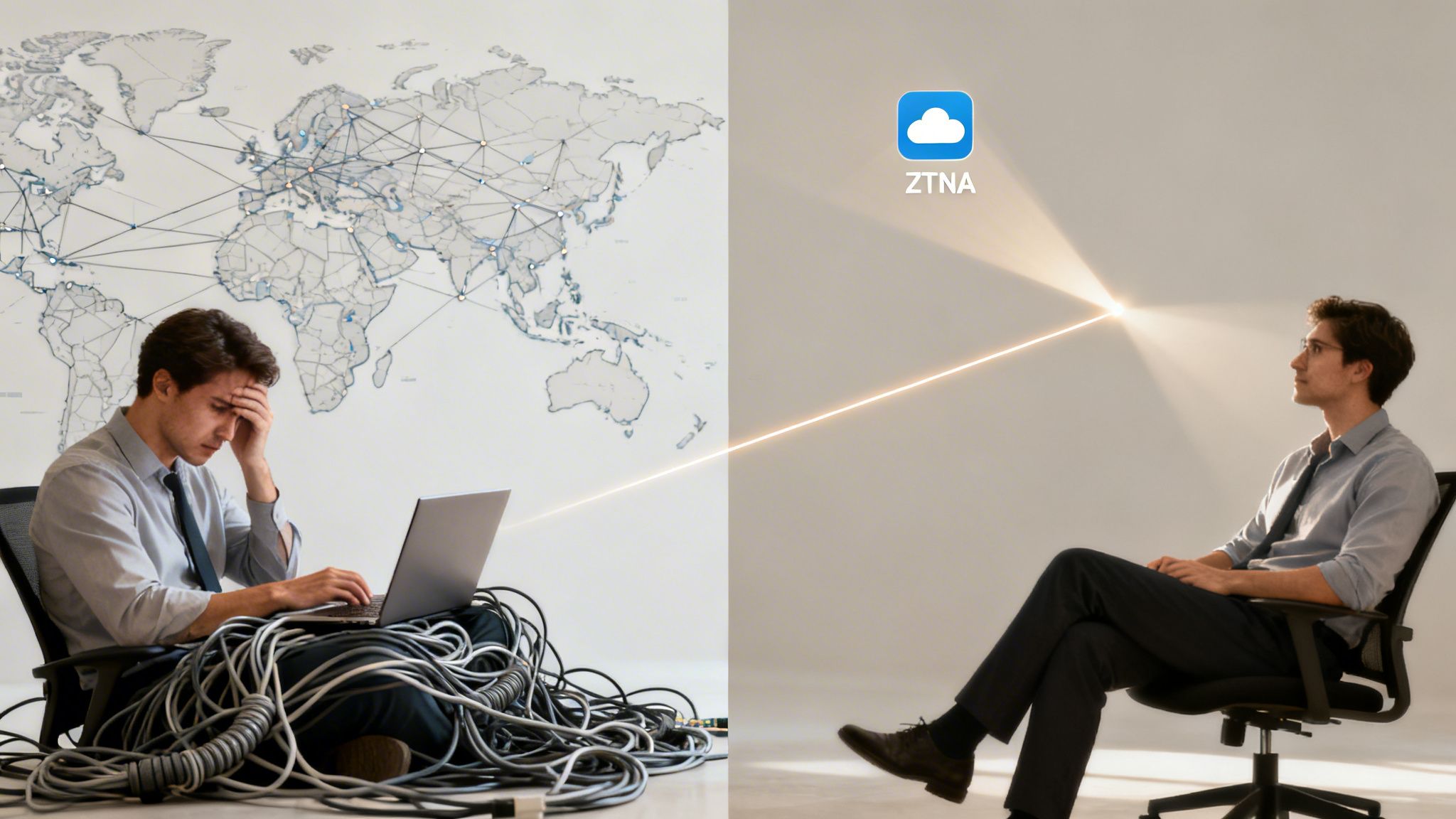 A man stressed by tangled network cables contrasted with a relaxed man benefiting from ZTNA cloud.