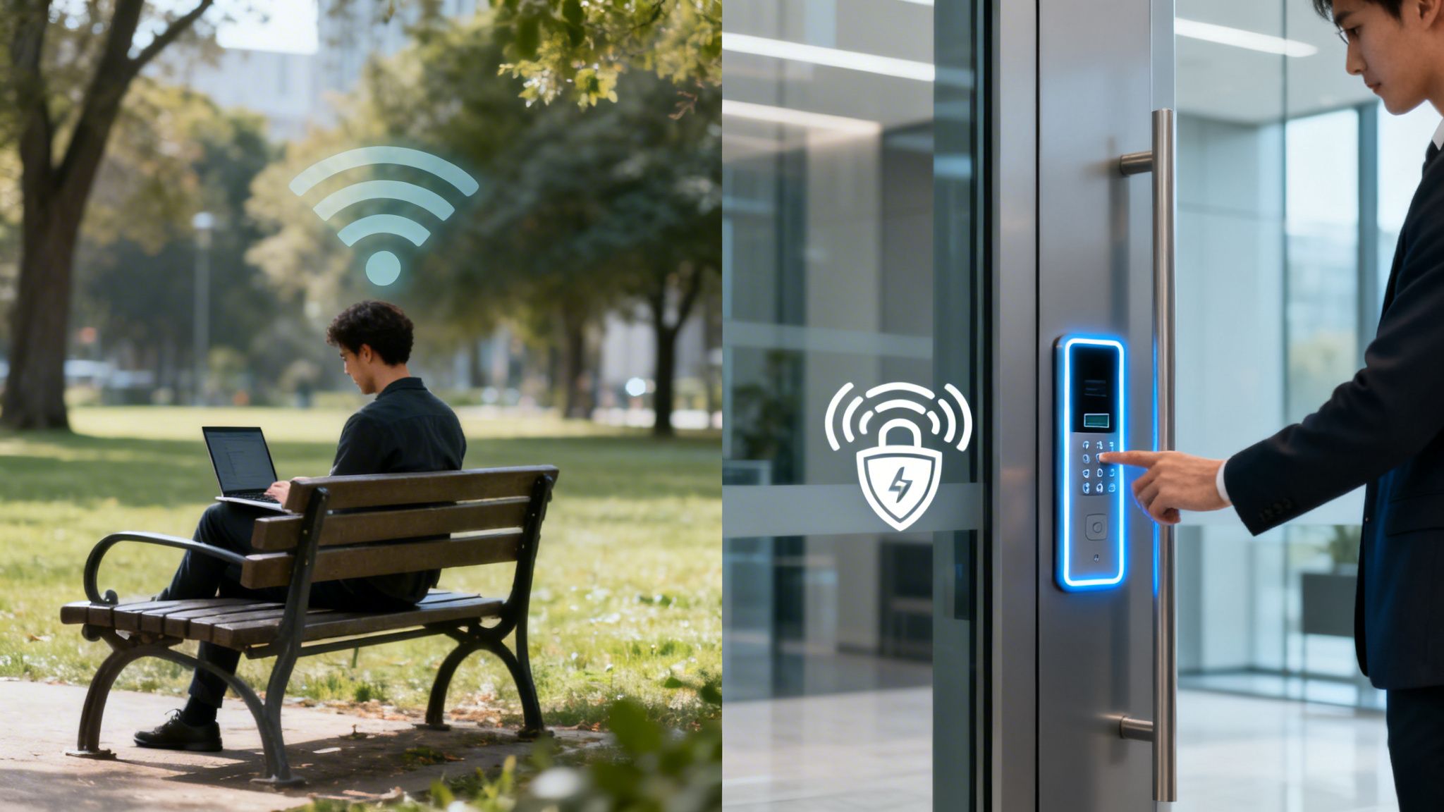 A man uses a laptop in a park with Wi-Fi, and another uses a secure door access system.