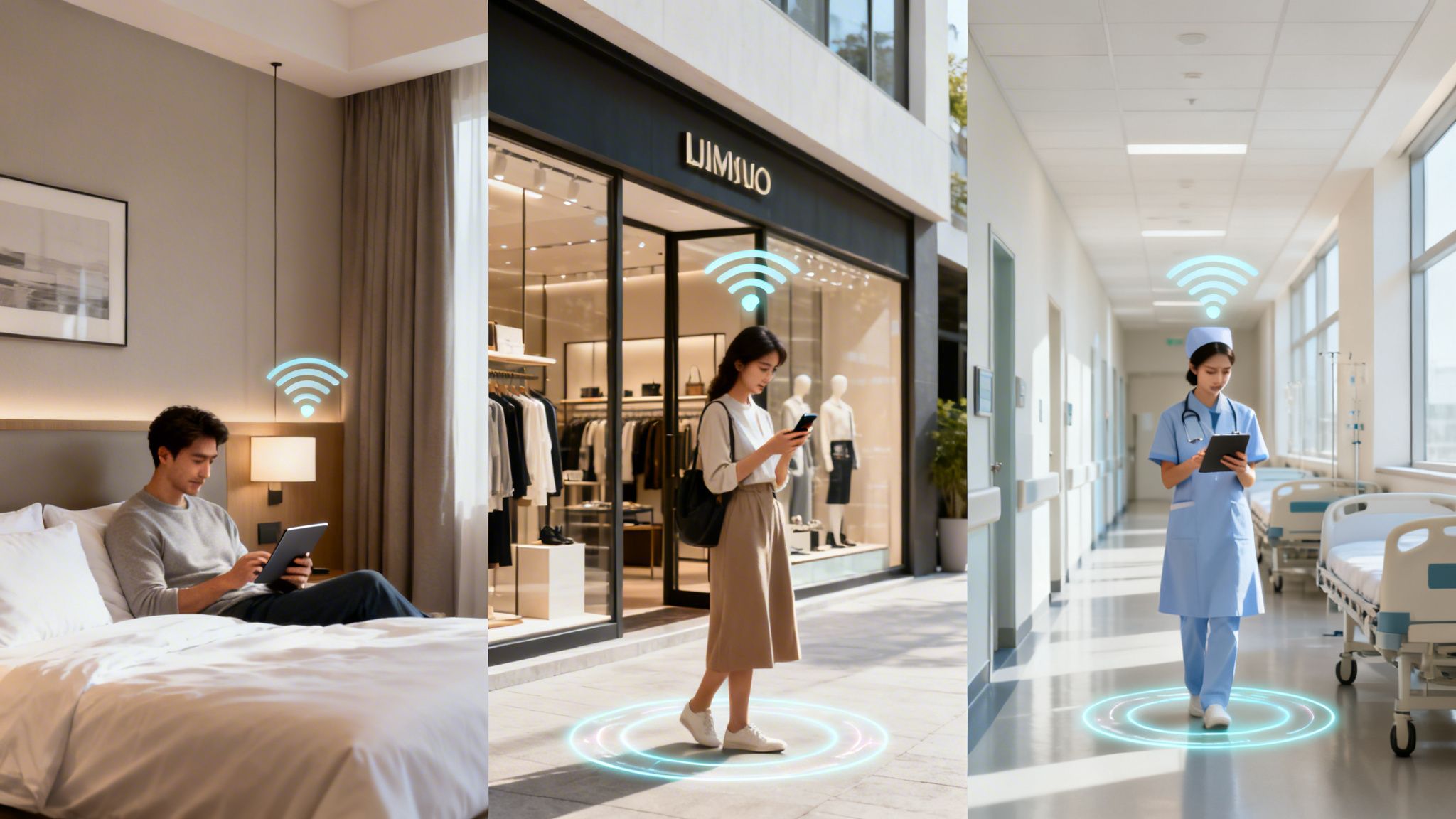 People using devices with glowing WiFi symbols in various settings, illustrating smart enterprise connectivity.