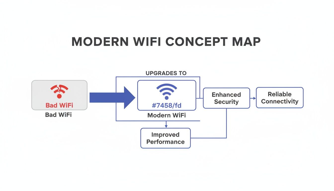 Concept map illustrating the upgrade from bad Wi-Fi to modern Wi-Fi, enhancing security, performance, and reliability.