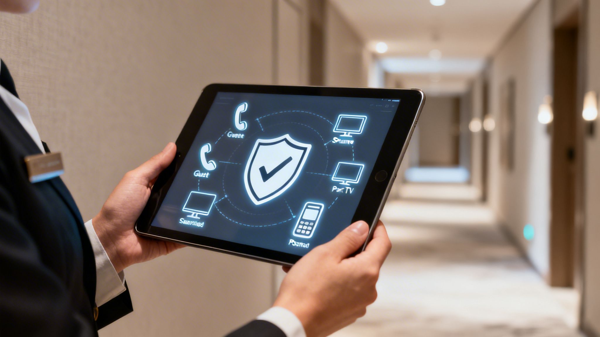 Hotel employee holds a tablet showing a secure shield icon connected to various guest services and devices.