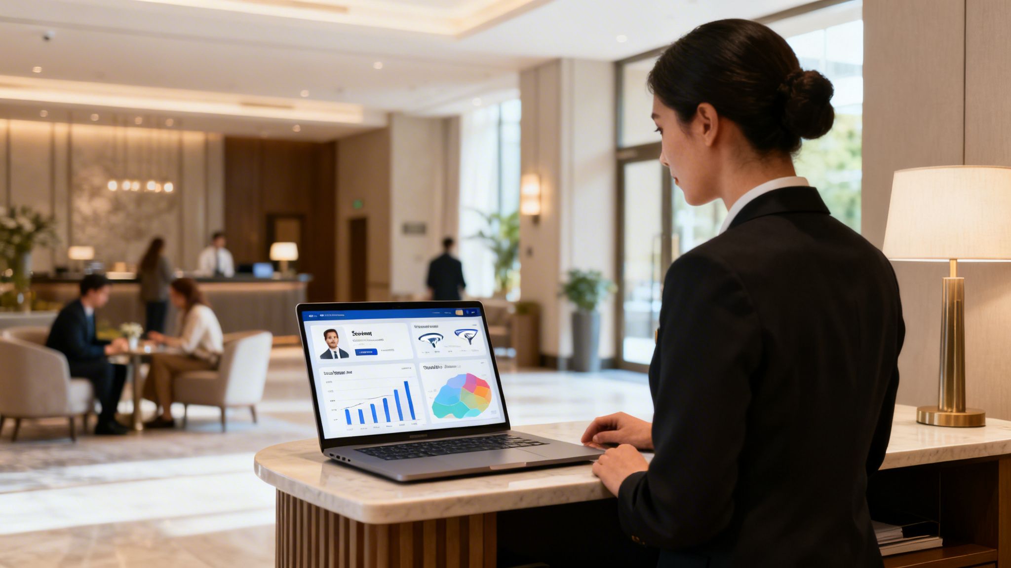 Hotel staff member reviews customer data and analytics on a laptop in a modern hotel lobby.