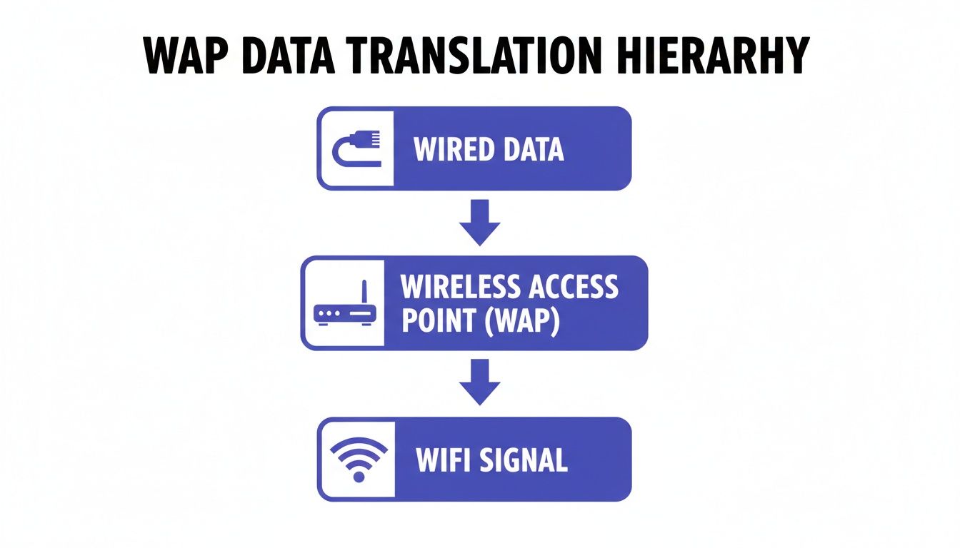 Diagram showing WAP data translation hierarchy: wired data flows to a wireless access point, then becomes a WiFi signal.
