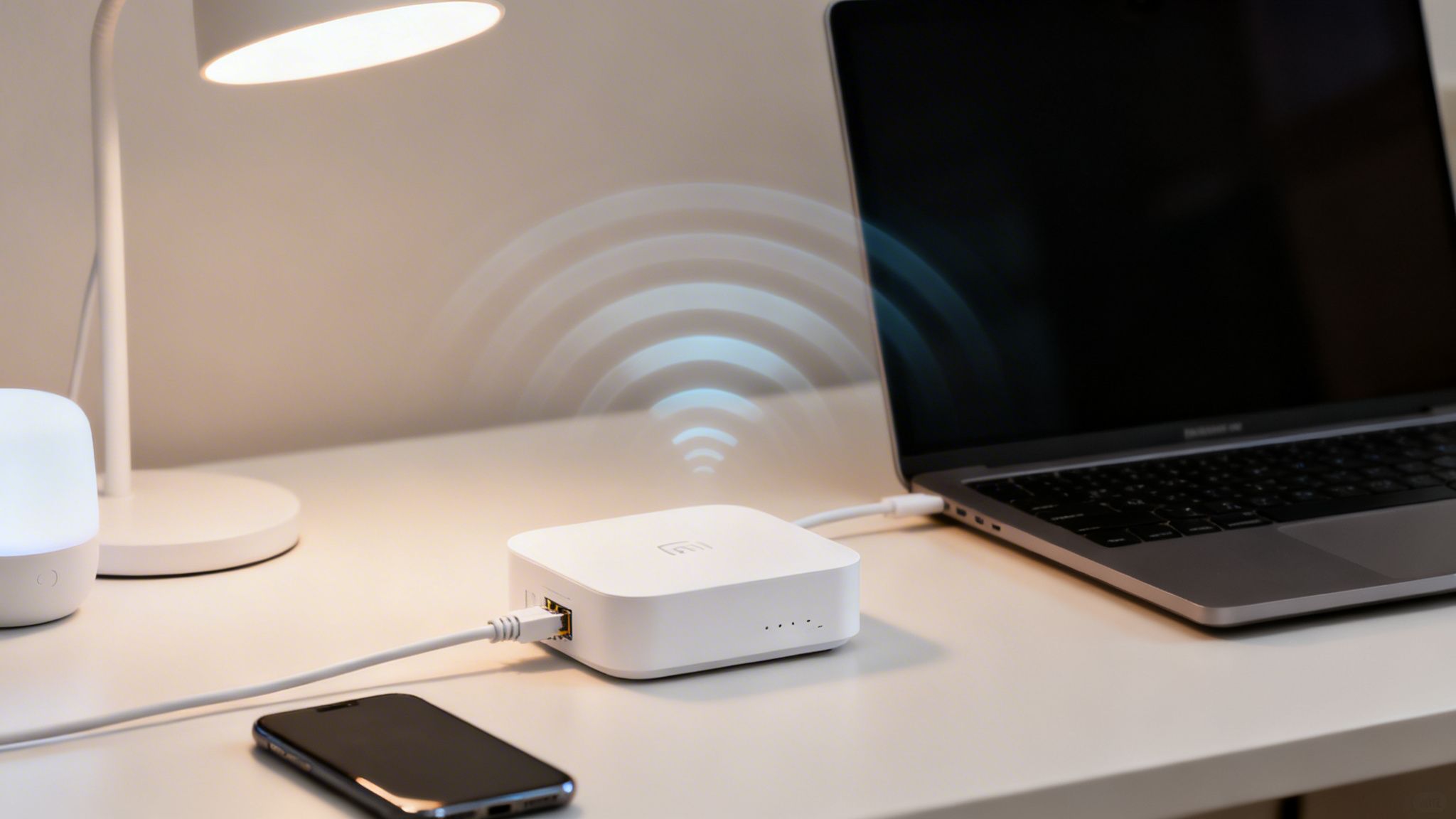 A white wireless access point on a desk, emitting Wi-Fi signals next to a laptop.