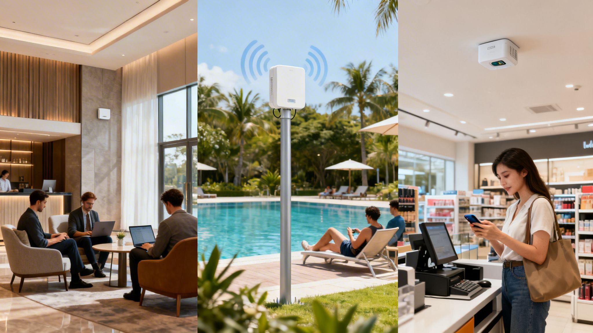 Wireless access points providing Wi-Fi connectivity in diverse settings: hotel lobby, pool, and retail store.