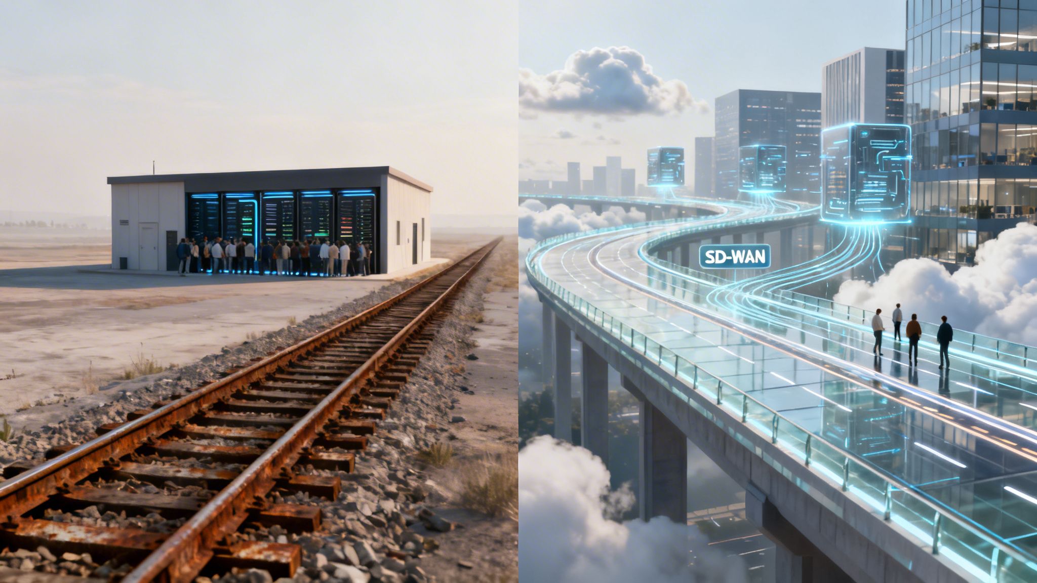 Split image comparing traditional data center infrastructure with modern, cloud-based SD-WAN networks.