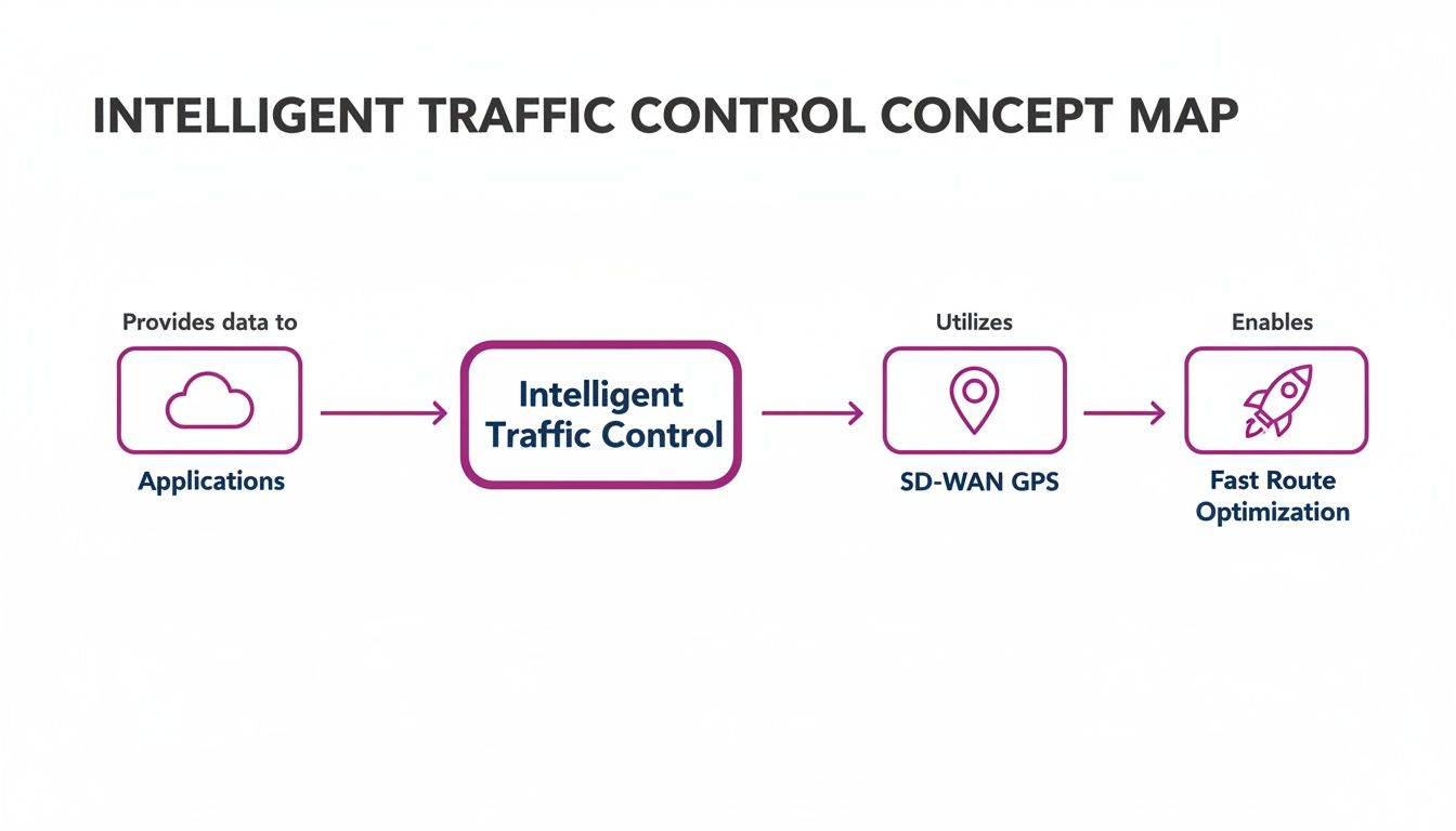 Concept map illustrating intelligent traffic control, showing data flow from applications to route optimization via SD-WAN GPS.