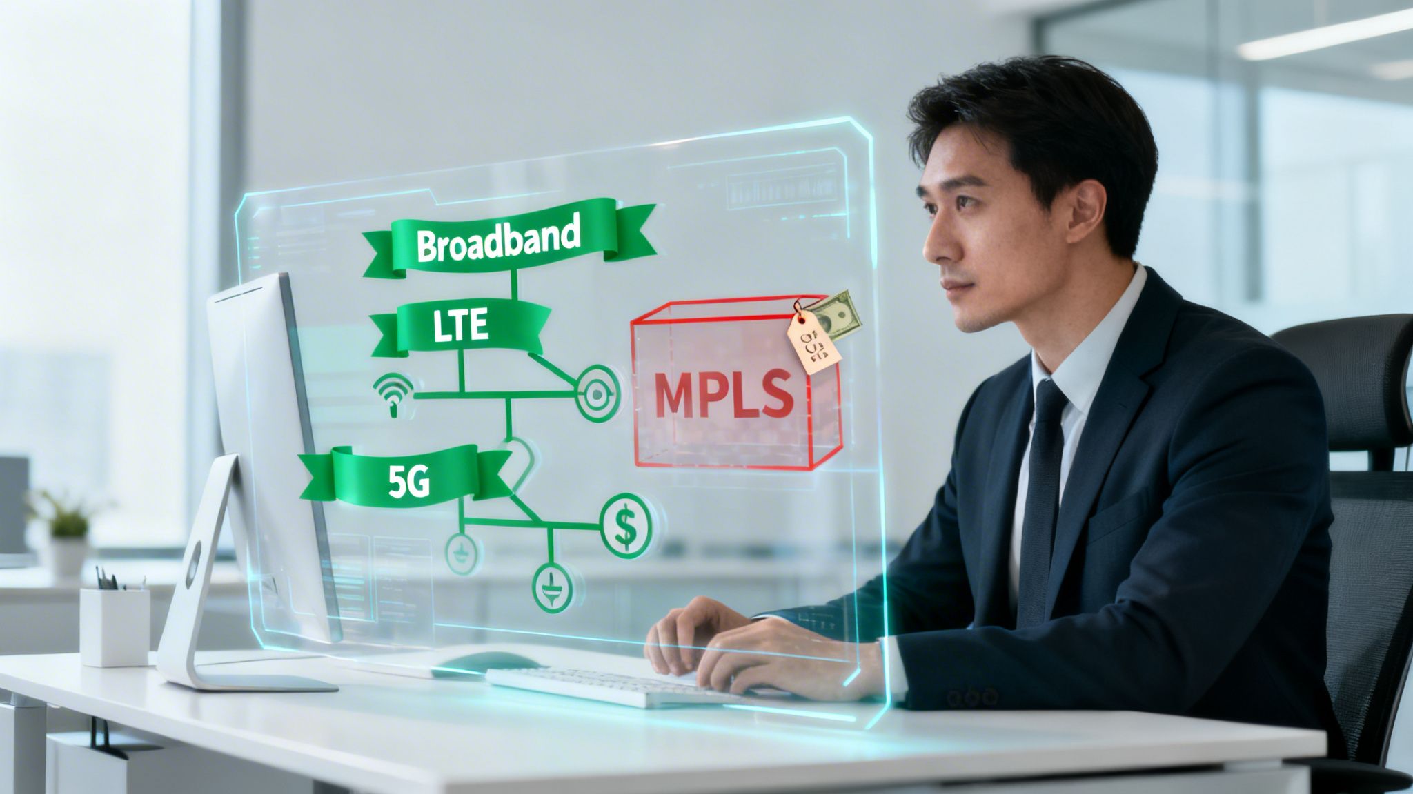 Asian businessman reviewing a holographic network diagram comparing broadband, LTE, 5G, and MPLS options.