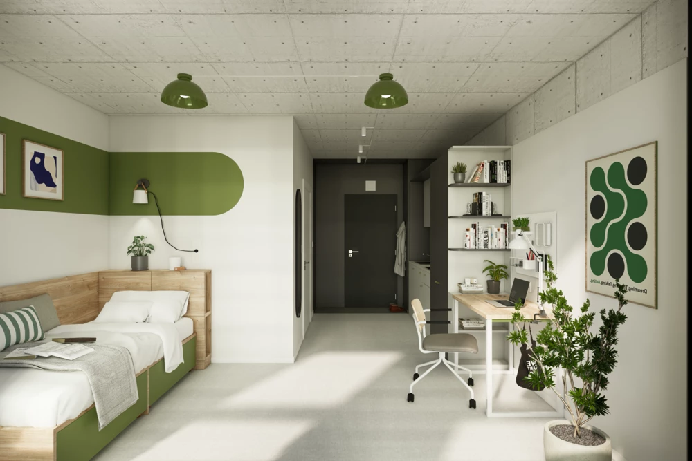 Pokój jednoosobowy w akademiku StudentSpace – pełne wyposażenie dla komfortowego życia studenckiego.