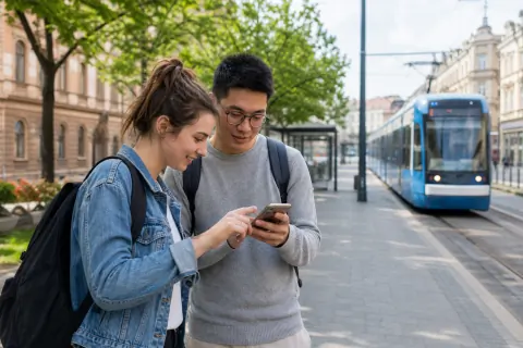 Studenci Erasmusa przy przystanku tramwajowym w Krakowie